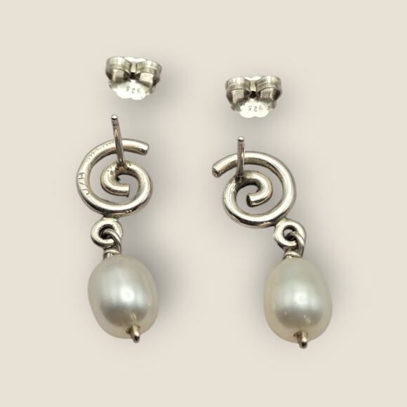 Freshwater Pearl Drop Sterling Silver 925 Signed JH Artisan Earrings Vintage - Picture 3 of 7